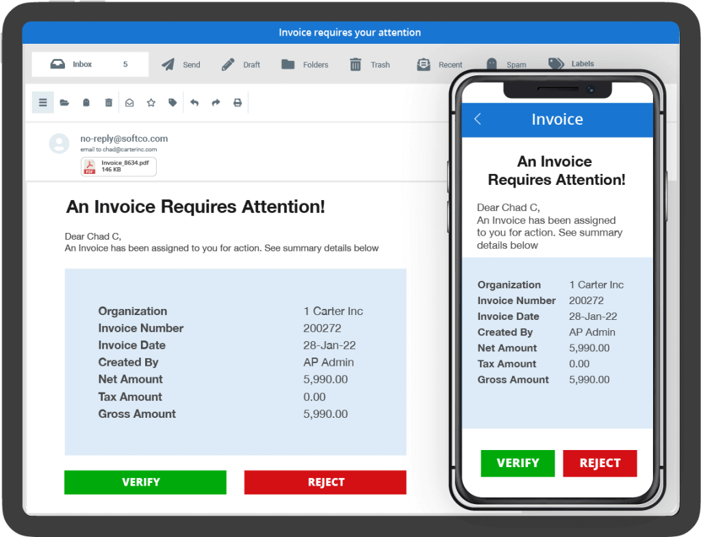 softco email and mobile invoice approval screen