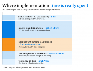 Graphic showing where e-invoicing implementation time is spent, highlighting fast technical setup and higher effort in master data preparation, supplier onboarding, ERP integration, and testing.
