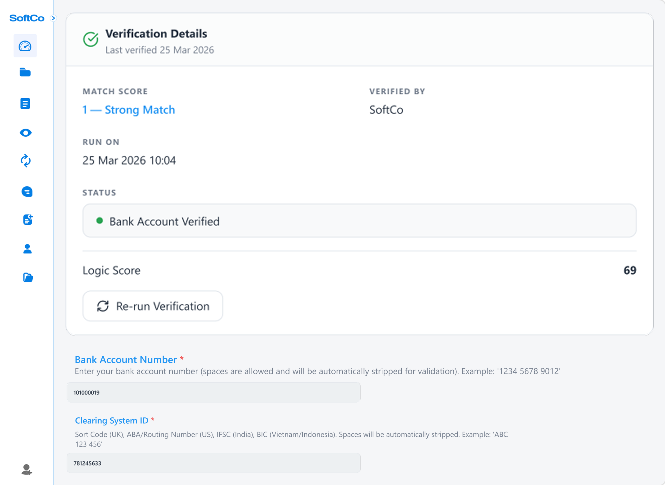 Bank account verification details showing verified status and strong match