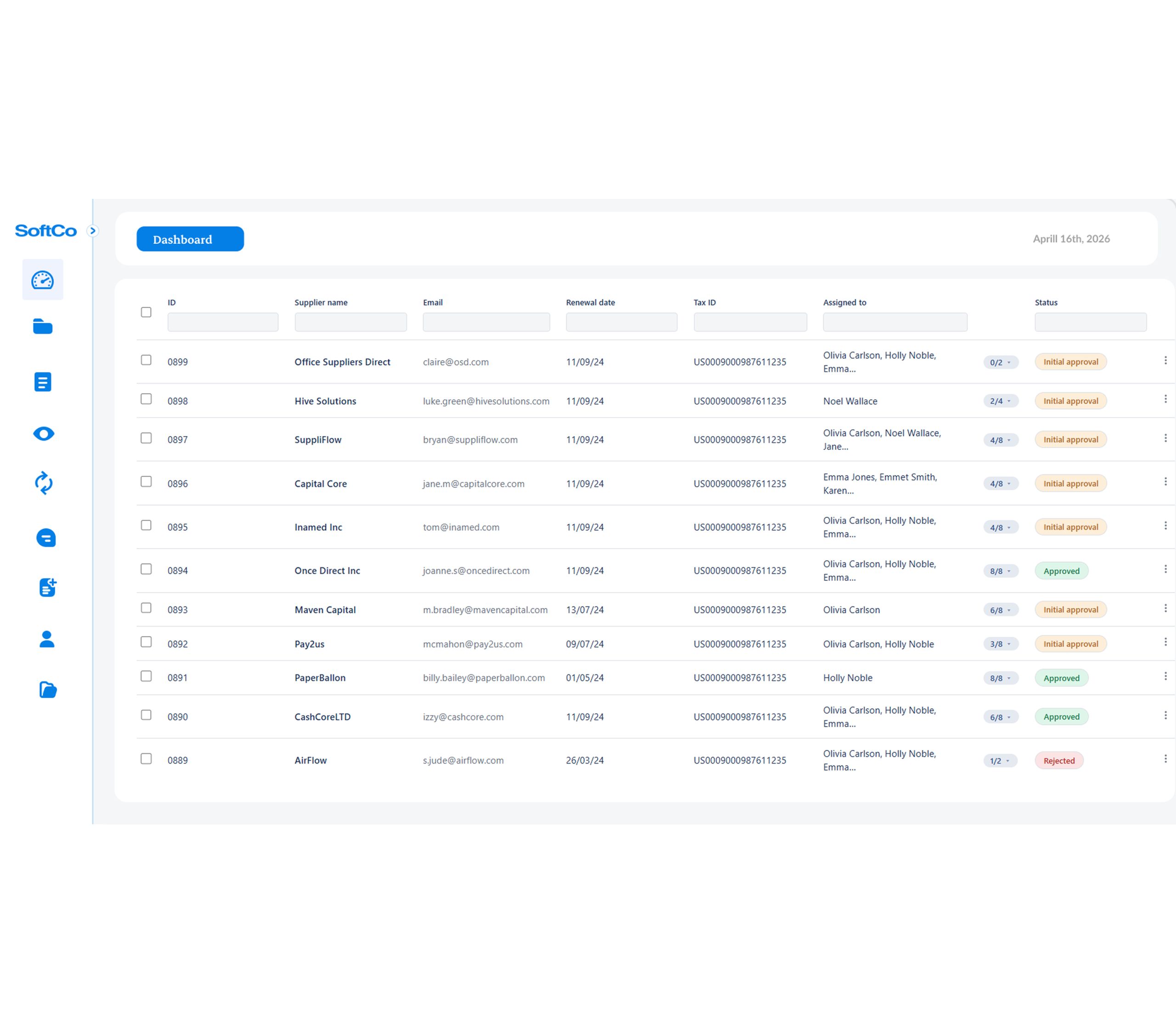 Supplier records dashboard showing supplier names, renewal dates, assigned users, and approval status