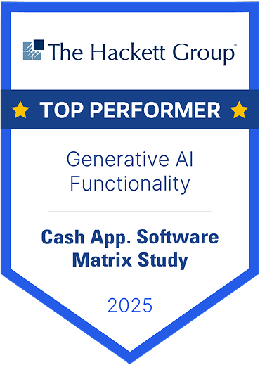 The Hackett Group Top Performer 2025 badge for Generative AI Functionality in Cash Application Software Matrix Study