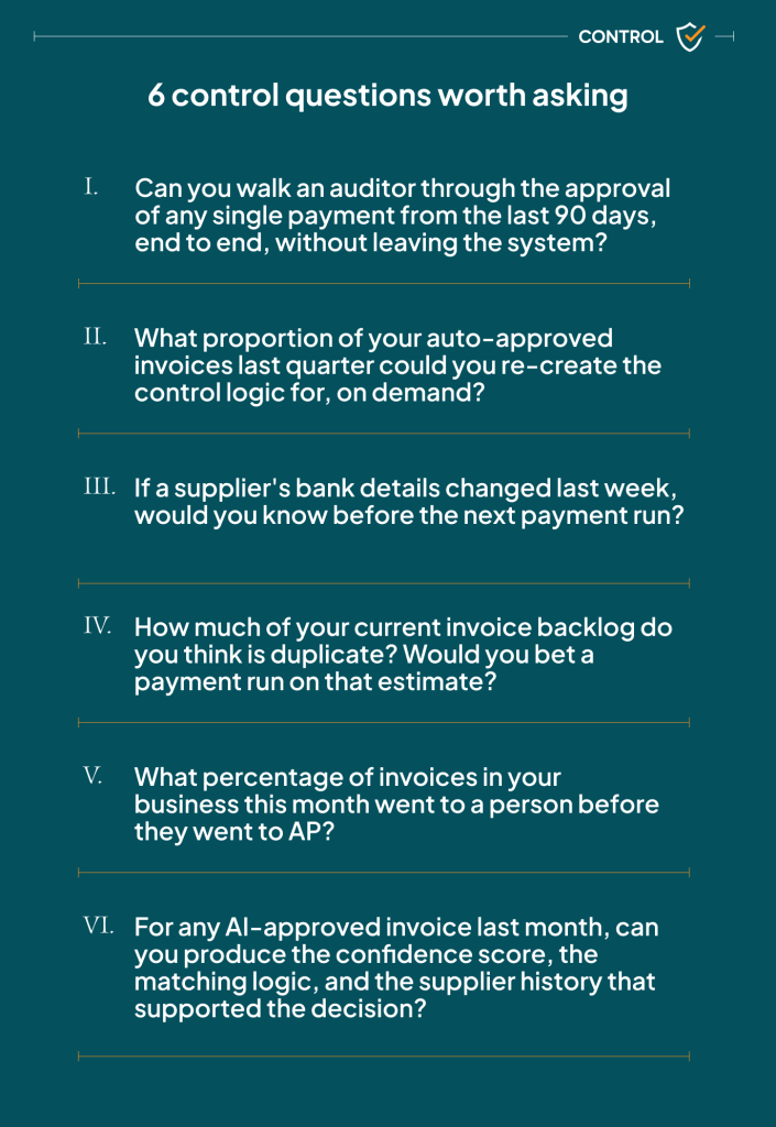 Six control questions for AP teams covering audit trails, approval logic, supplier changes, duplicate invoices, invoice visibility, and AI decision transparency.