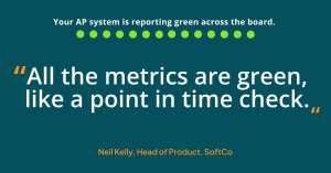 Graphic featuring the quote “All the metrics are green, like a point in time check.” by Neil Kelly, Head of Product at SoftCo, over a teal background with a row of green status indicators above the text.