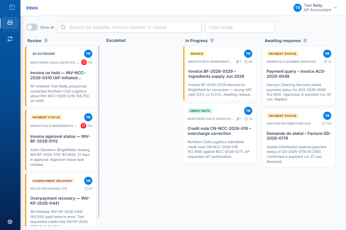 SoftCo AI Inbox kanban board showing supplier queries organized into Review, Escalated, In Progress, and Awaiting Response columns, with invoice, credit note, and payment status cards.